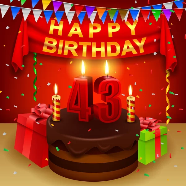 Buon 43esimo compleanno con torta alla crema di cioccolato e bandiera triangolare — Vettoriale Stock