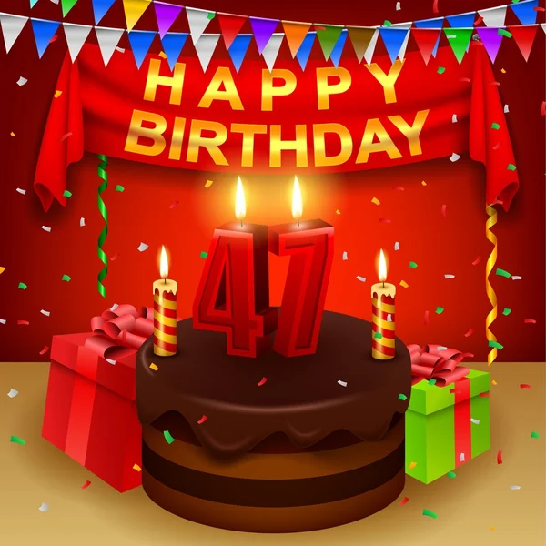 47. szczęśliwy urodziny tort czekoladowy i trójkątne flagi — Wektor stockowy