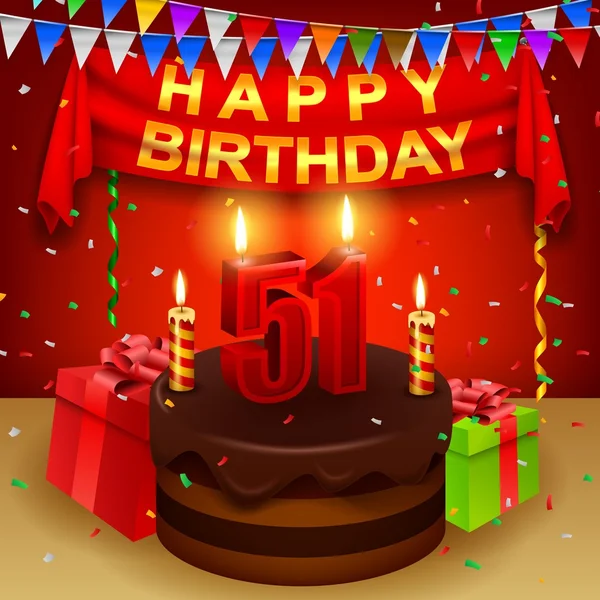 Buon 51esimo compleanno con torta alla crema di cioccolato e bandiera triangolare — Vettoriale Stock
