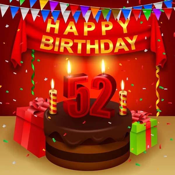 52nd szczęśliwy urodziny tort czekoladowy i trójkątne flagi — Wektor stockowy