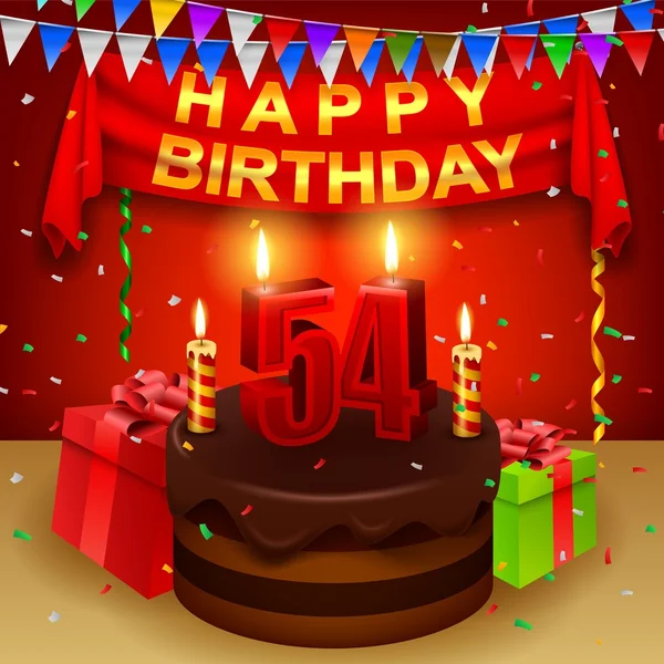 Buon 54esimo compleanno con torta alla crema di cioccolato e bandiera triangolare — Vettoriale Stock