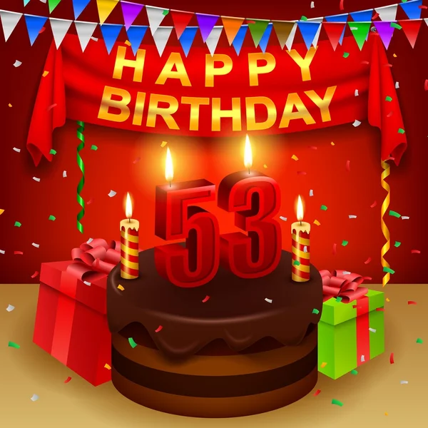 53rd szczęśliwy urodziny tort czekoladowy i trójkątne flagi — Wektor stockowy