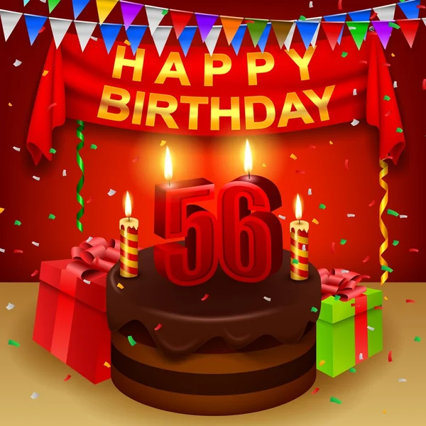 Buon 56esimo compleanno con torta alla crema di cioccolato e bandiera triangolare — Vettoriale Stock