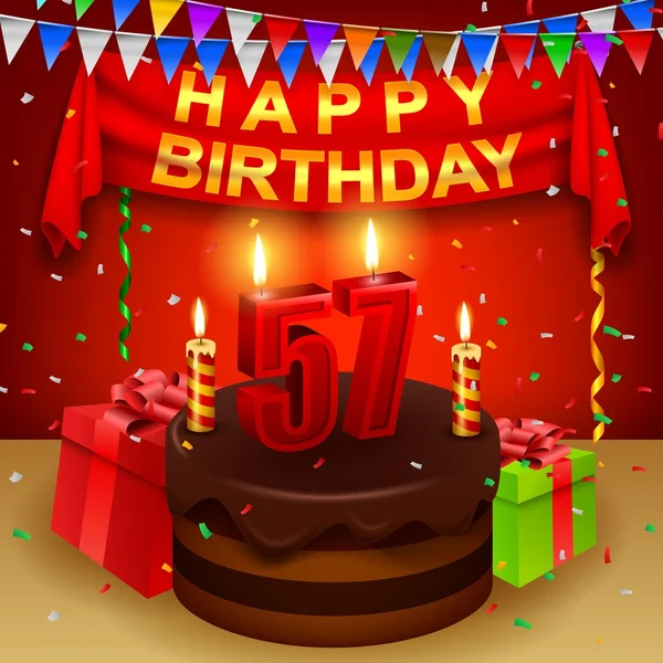 57th szczęśliwy urodziny tort czekoladowy i trójkątne flagi — Wektor stockowy