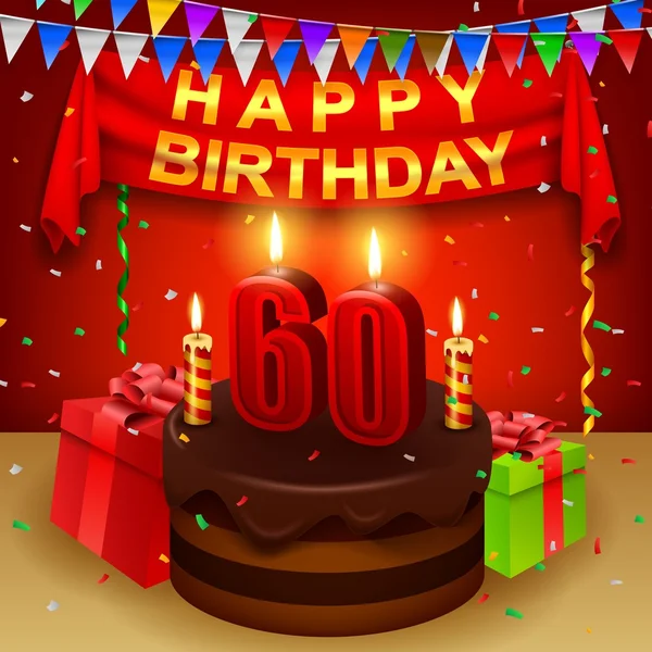 Buon 60esimo compleanno con torta alla crema di cioccolato e bandiera triangolare — Vettoriale Stock