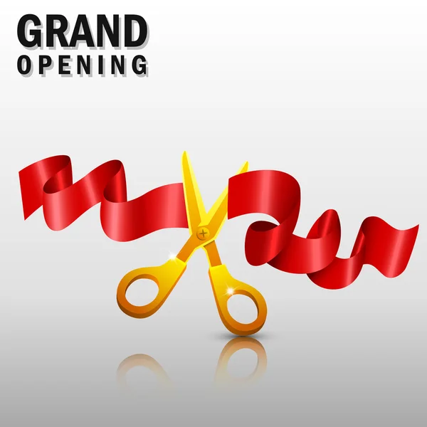 Grand opening with red ribbon and gold scissors — Stock Vector