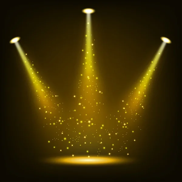 Projecteurs dorés brillants avec des aspersions — Image vectorielle