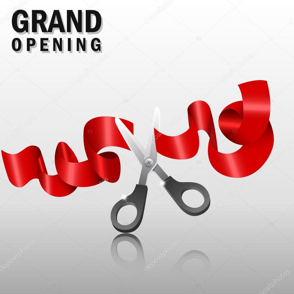 Grand opening with red ribbon and scissors