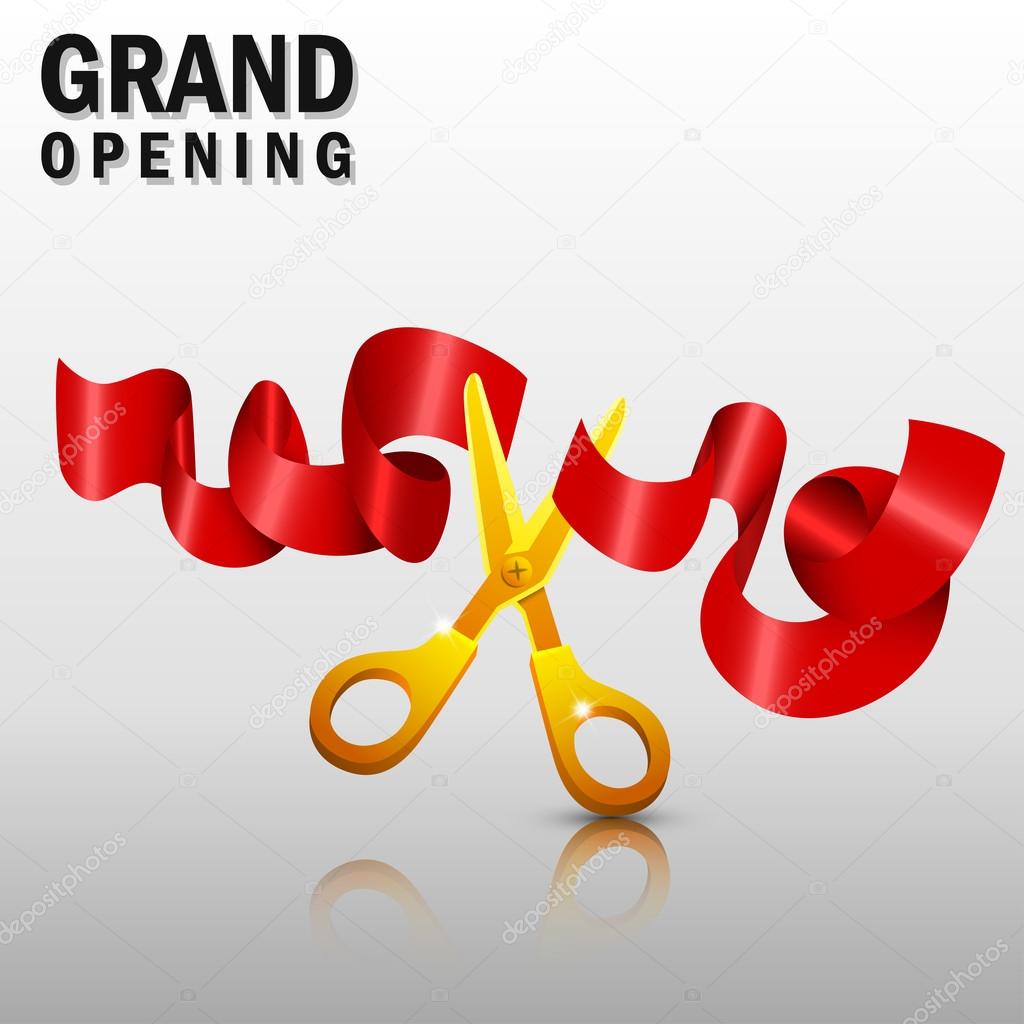 Grand opening with red ribbon and gold scissors
