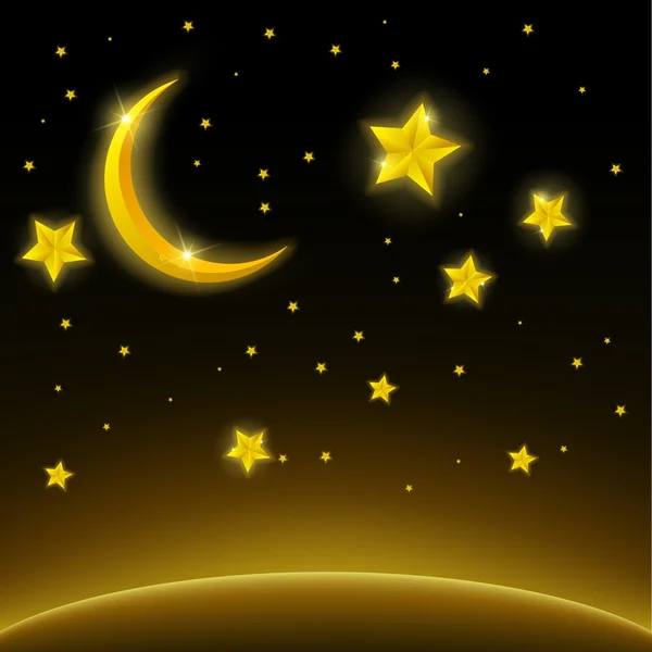 Luna creciente dorada y estrellas sobre fondo espacial — Vector de stock