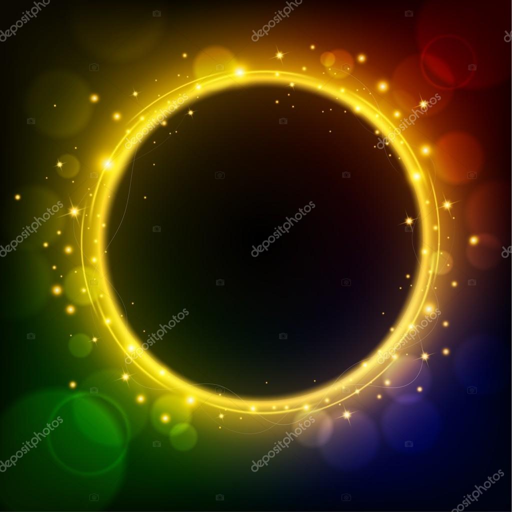 Golden light circle glowing on rainbow colored background ...