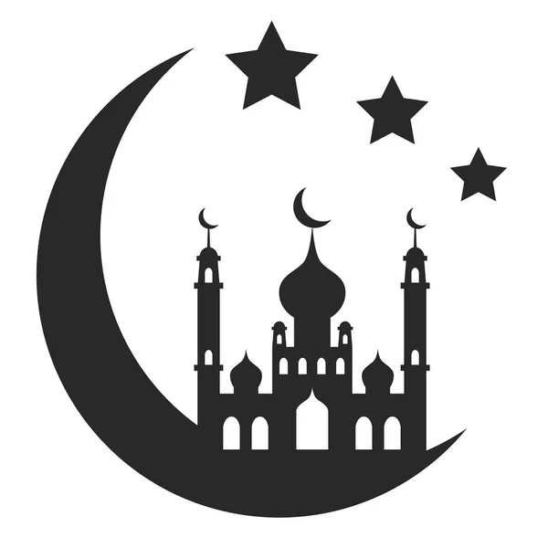 Lua crescente e mesquita, celebrações de silhuetas islâmicas —  Vetores de Stock