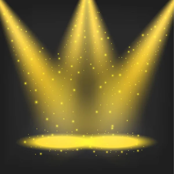 Złote reflektory świetlne padające na przezroczyste tło — Wektor stockowy