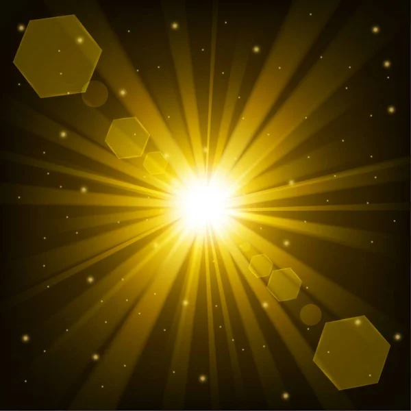 Golden shine with lens flare from darkness background — Stock Vector