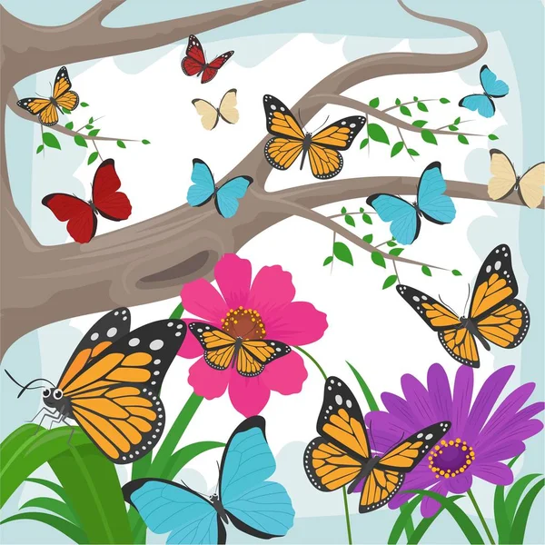 Mariposa voladora con flores y fondo de árbol — Archivo Imágenes Vectoriales
