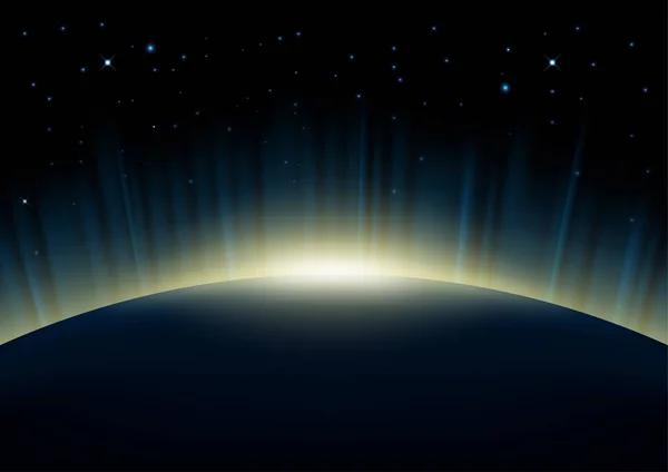 Aufgehende Sonne Auf Der Erde Mit Leuchtendem Hintergrund — Stockvektor