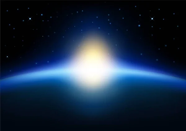Soleil Levant Sur Terre Sur Fond Bleu Brillant — Image vectorielle