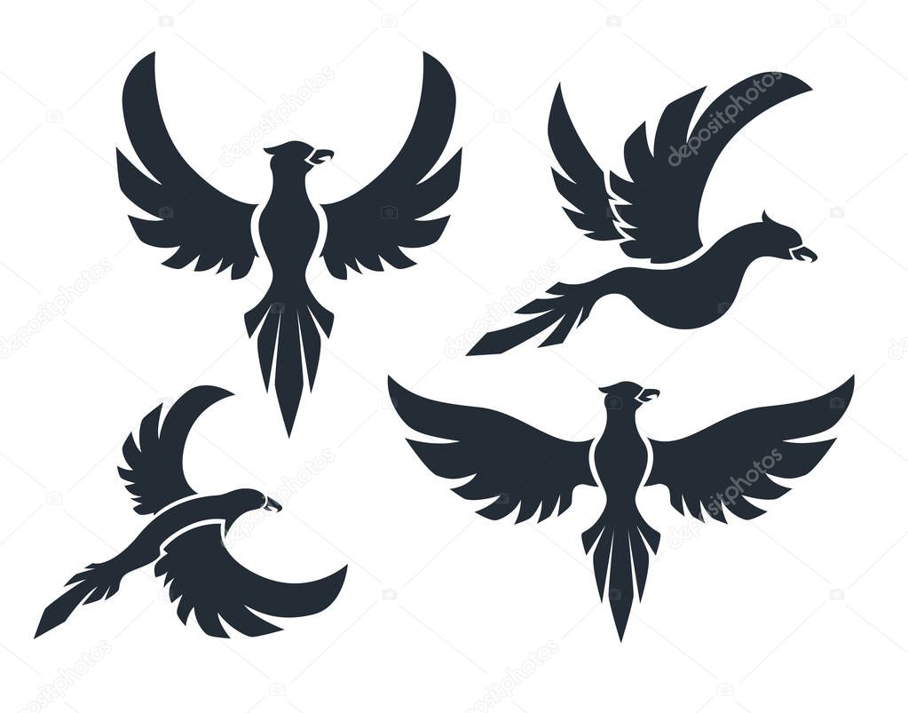 Round flying birds sign set
