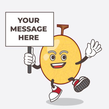 Ballı kavun karikatür maskot karakterinin pano işaretli bir resmi.