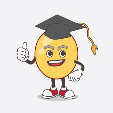 Siyah mezuniyet şapkalı ballı kavun karikatür maskot karakteri.