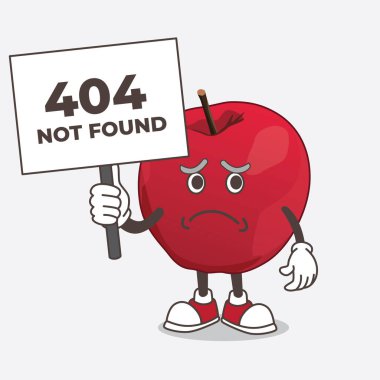 Apple cheerless face cartoon mascot character holding a 404 board clipart