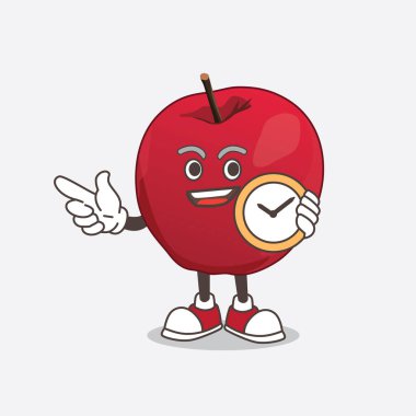 Elma çizgi film maskotu karakteri saat tutuyor.