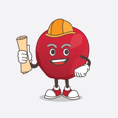 Elmalı mimar maskot karakterinin planları ve sarı miğferi var.