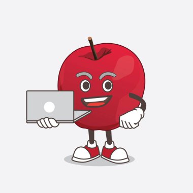 Apple çizgi film maskotu karakteri dizüstü bilgisayarla çalışıyor