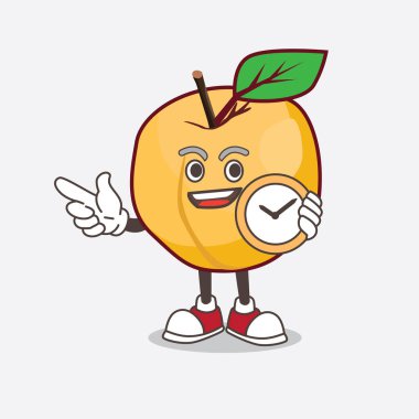 Kayısı karikatür maskot karakterinin saat tutan bir resmi.