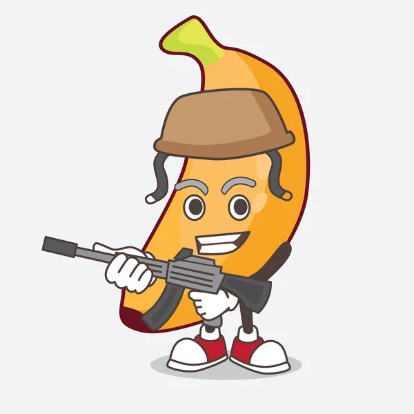 機関銃を装備した陸軍制服を着たバナナフルーツのキャラクターのイラスト — ストックベクタ