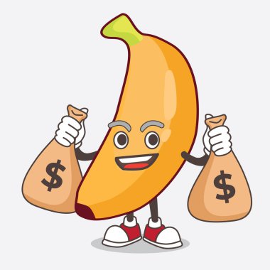 Banana Fruit çizgi film karakteri para torbaları tutan bir çizim.