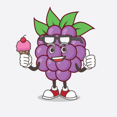 Dondurma yiyen böğürtlen çizgi film maskotu karakterinin bir çizimi.