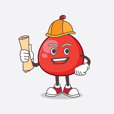 Kırmızı Böğürtlenli mimar maskot karakterinin bir resmi. Üzerinde planlar ve sarı başlık var.