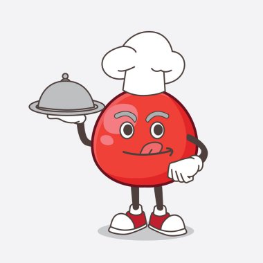 Kırmızı Böğürtlen çizgi film maskotu karakteri tepside yemek servisi yapmaya hazır bir şef.