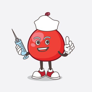 Tıbbi şırıngalı hemşire rolünde Red Berry çizgi film maskotu karakteri.