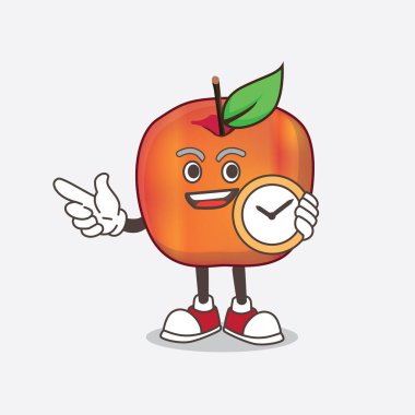 Honeycrisp Apple çizgi film maskotu bir saat tutuyor.