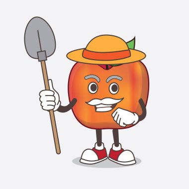 Honeycrisp Apple karikatür karakteri şapkalı ve çiftçi aletli.