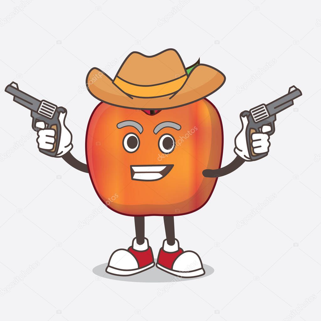 A picture of Honeycrisp Apple cartoon mascot character holding guns