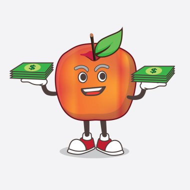 Honeycrisp Apple çizgi film maskot karakterinin elinde para olan bir resmi.