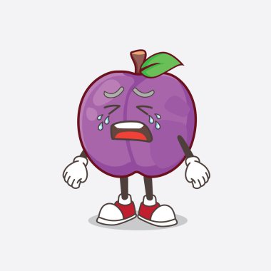 Ağlayan suratlı erik meyvesi maskot karakterinin resmi.
