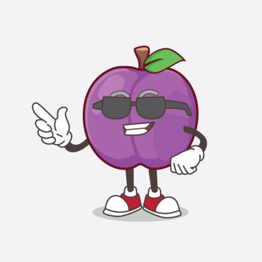Plum Fruit çizgi filminde siyah gözlüklü bir maskot.