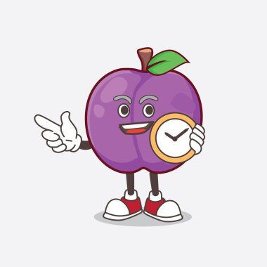 Plum Fruit çizgi film maskotu bir saat tutuyor.