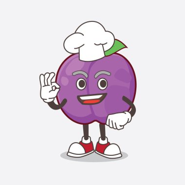 Şefin elbisesi ve beyaz şapkasıyla Erik Fruit 'in maskot karakterinin resmi.