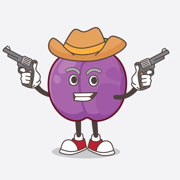 Picture Plum Fruit Cartoon Mascot Character Holding Guns — Stock Vector