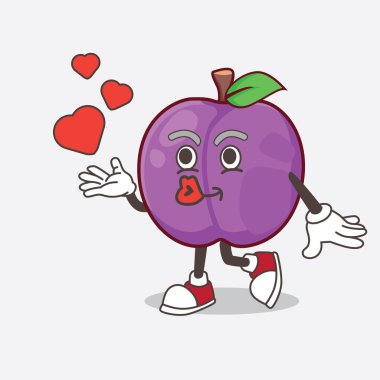 Plum Fruit çizgi film karakteri kalp öpücüğüyle dalga geçiyor.