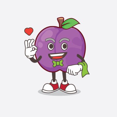 Plum Fruit karikatür maskot karakterinin garson olarak çalıştığı bir resim.