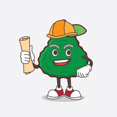Kaffir Limonlu mimar maskot karakterinin bir resmi. Üzerinde planlar ve sarı başlık var.