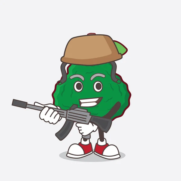Picture Kaffir Lime Cartoon Mascot Character Army Uniform Machine Gun — Stock Vector