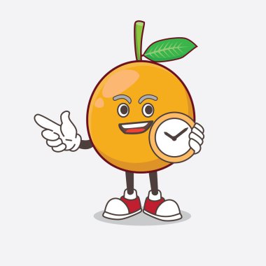 Afrika Mangosteen karikatür karakteri saat tutuyor.