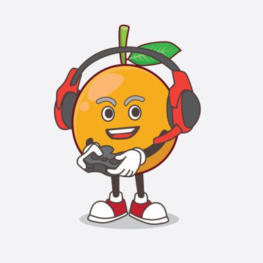 Afrika Mangosteen çizgi film maskotu karakterinin bir resmi kulaklık ve kumandayla bir oyun oynuyor.